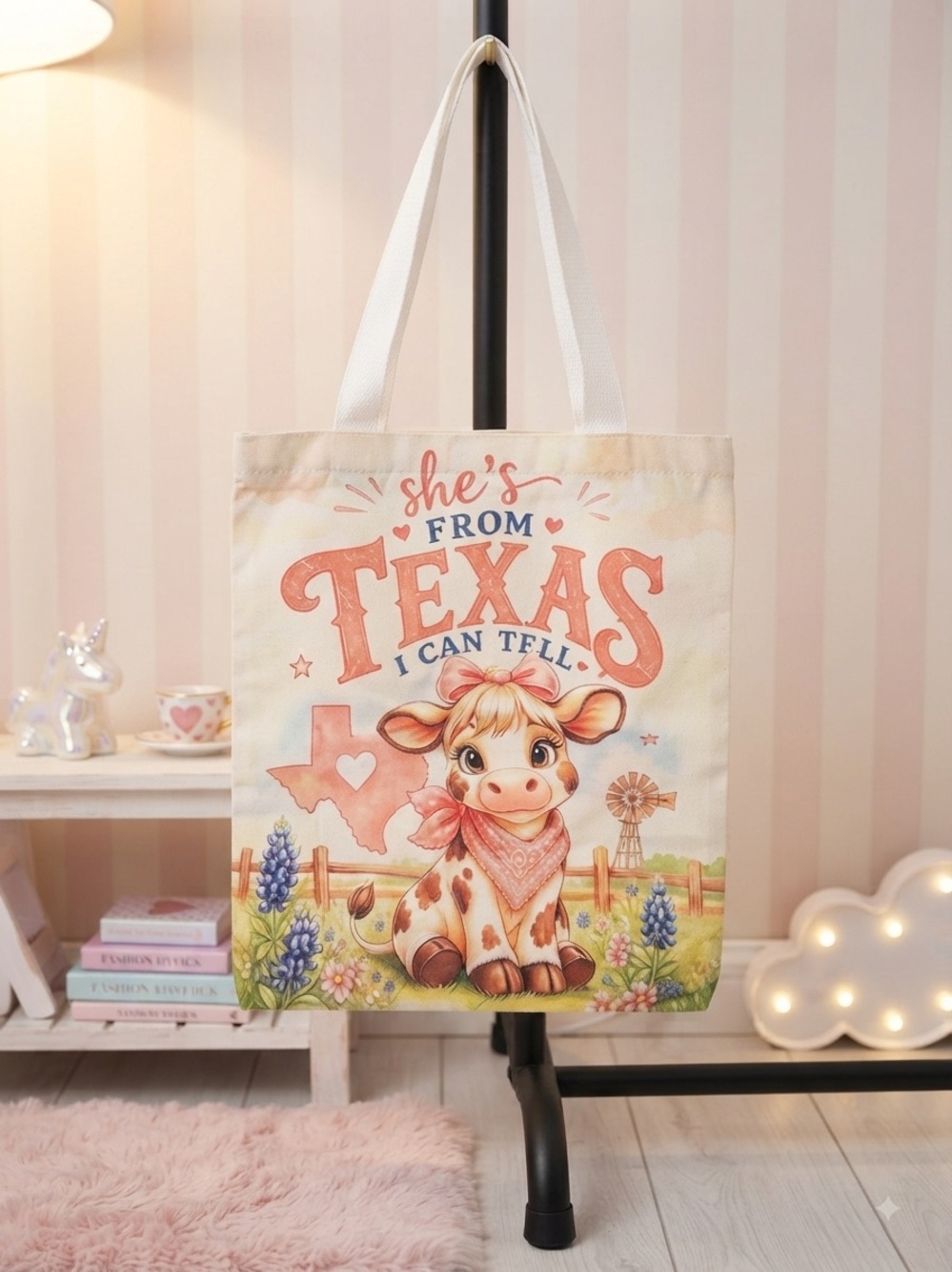 She's From Texas Cute Cow Canvas Tote Bag - Cream